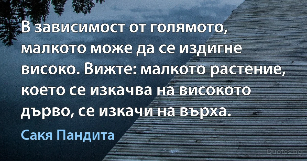 В зависимост от голямото, малкото може да се издигне високо. Вижте: малкото растение, което се изкачва на високото дърво, се изкачи на върха. (Сакя Пандита)