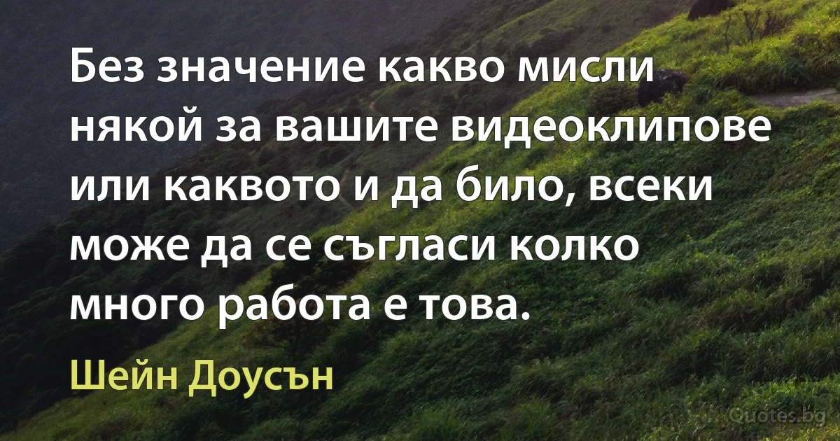 Без значение какво мисли някой за вашите видеоклипове или каквото и да било, всеки може да се съгласи колко много работа е това. (Шейн Доусън)