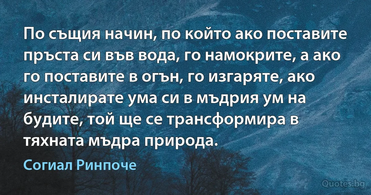 По същия начин, по който ако поставите пръста си във вода, го намокрите, а ако го поставите в огън, го изгаряте, ако инсталирате ума си в мъдрия ум на будите, той ще се трансформира в тяхната мъдра природа. (Согиал Ринпоче)