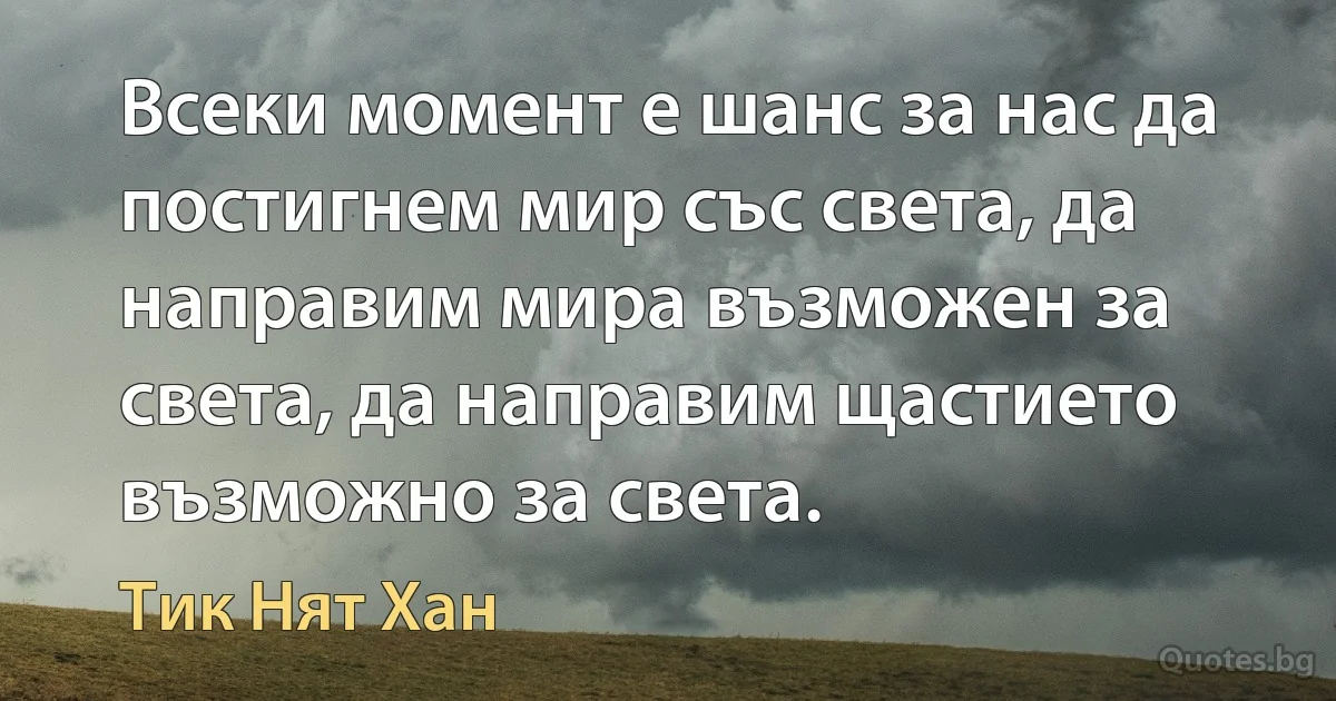 Всеки момент е шанс за нас да постигнем мир със света, да направим мира възможен за света, да направим щастието възможно за света. (Тик Нят Хан)