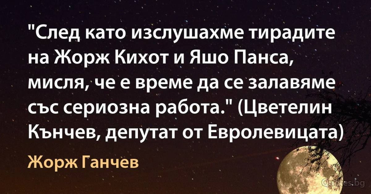 "След като изслушахме тирадите на Жорж Кихот и Яшо Панса, мисля, че е време да се залавяме със сериозна работа." (Цветелин Кънчев, депутат от Евролевицата) (Жорж Ганчев)