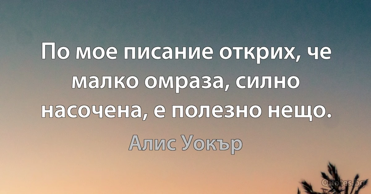 По мое писание открих, че малко омраза, силно насочена, е полезно нещо. (Алис Уокър)