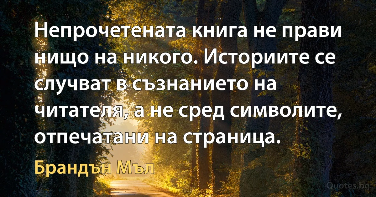 Непрочетената книга не прави нищо на никого. Историите се случват в съзнанието на читателя, а не сред символите, отпечатани на страница. (Брандън Мъл)