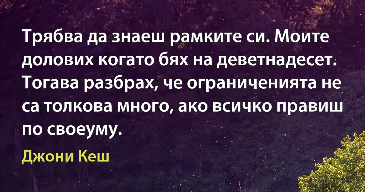 Трябва да знаеш рамките си. Моите долових когато бях на деветнадесет. Тогава разбрах, че ограниченията не са толкова много, ако всичко правиш по своеуму. (Джони Кеш)