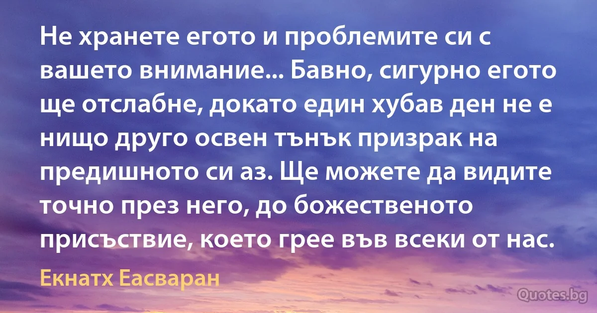 Не хранете егото и проблемите си с вашето внимание... Бавно, сигурно егото ще отслабне, докато един хубав ден не е нищо друго освен тънък призрак на предишното си аз. Ще можете да видите точно през него, до божественото присъствие, което грее във всеки от нас. (Екнатх Еасваран)