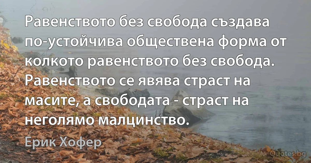 Равенството без свобода създава по-устойчива обществена форма от колкото равенството без свобода. Равенството се явява страст на масите, а свободата - страст на неголямо малцинство. (Ерик Хофер)