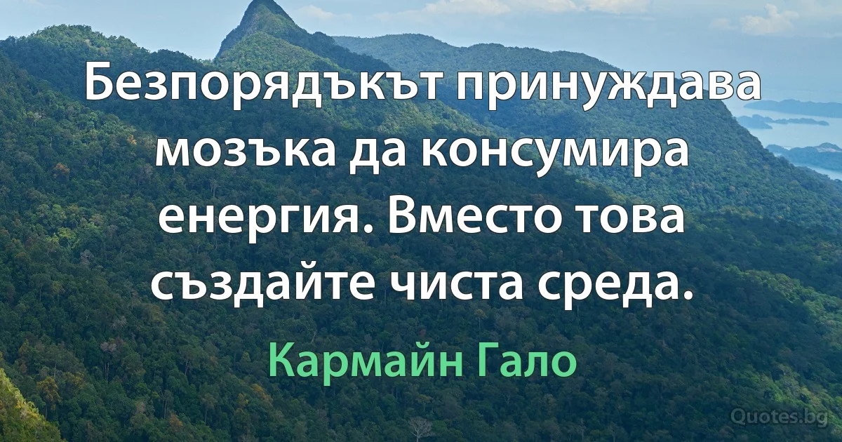 Безпорядъкът принуждава мозъка да консумира енергия. Вместо това създайте чиста среда. (Кармайн Гало)