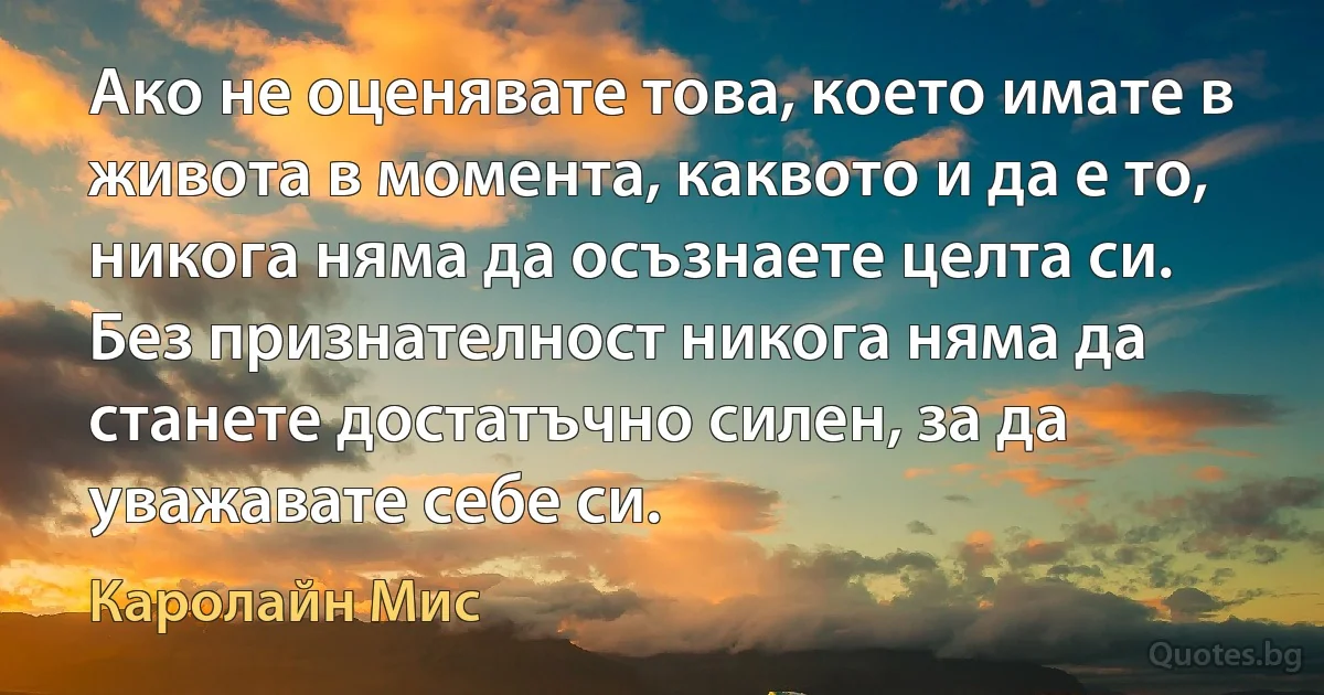 Ако не оценявате това, което имате в живота в момента, каквото и да е то, никога няма да осъзнаете целта си. Без признателност никога няма да станете достатъчно силен, за да уважавате себе си. (Каролайн Мис)