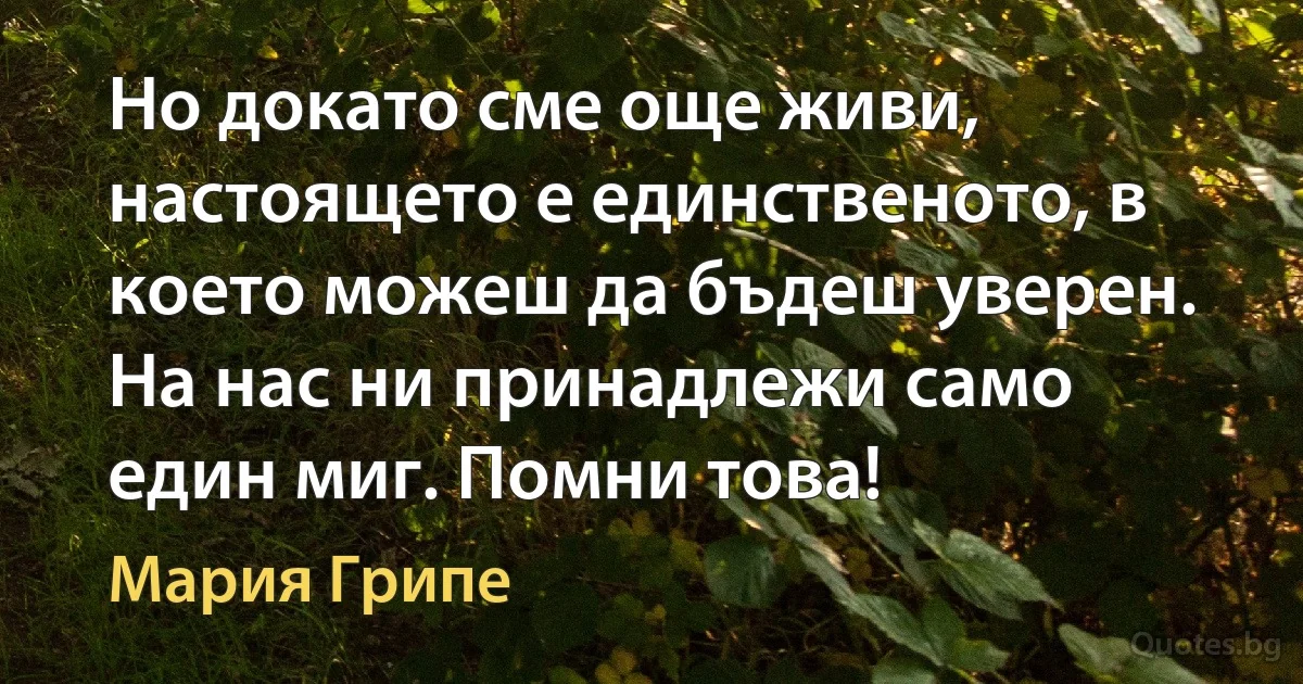 Но докато сме още живи, настоящето е единственото, в което можеш да бъдеш уверен. На нас ни принадлежи само един миг. Помни това! (Мария Грипе)