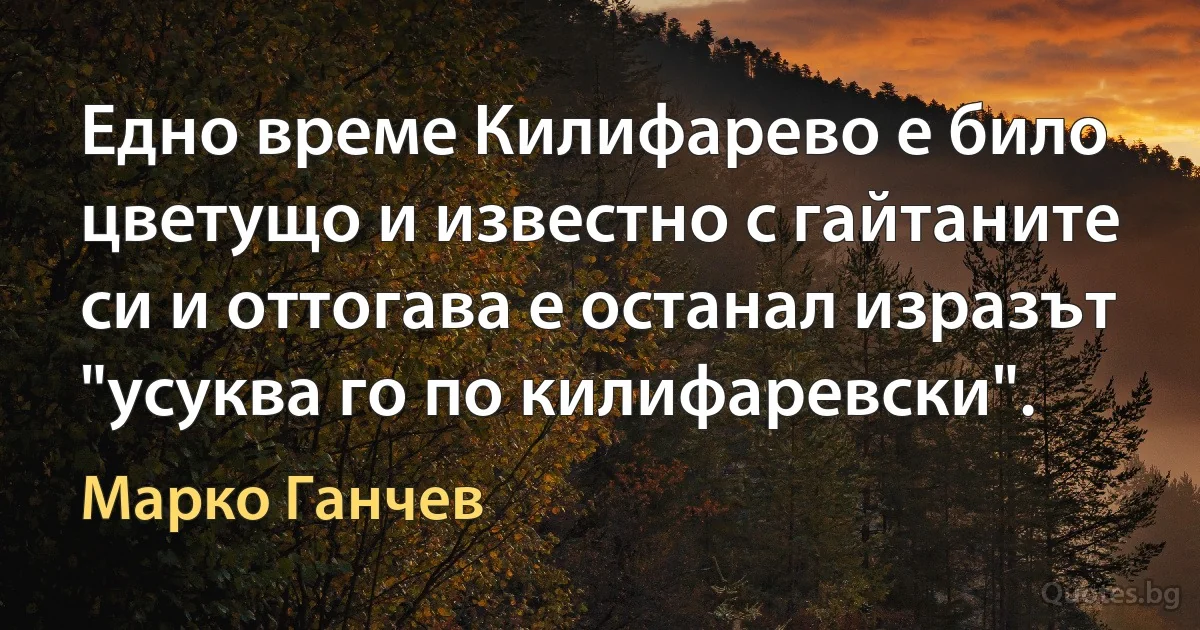 Едно време Килифарево е било цветущо и известно с гайтаните си и оттогава е останал изразът "усуква го по килифаревски". (Марко Ганчев)