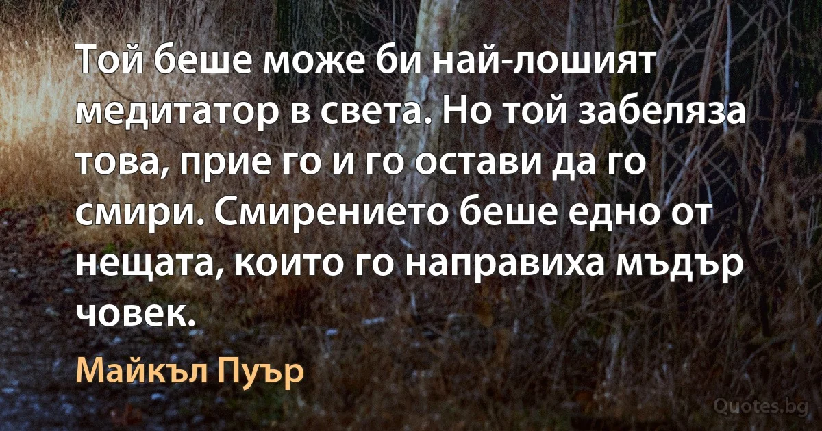 Той беше може би най-лошият медитатор в света. Но той забеляза това, прие го и го остави да го смири. Смирението беше едно от нещата, които го направиха мъдър човек. (Майкъл Пуър)