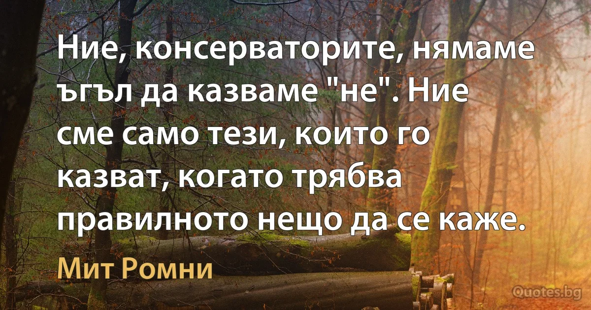 Ние, консерваторите, нямаме ъгъл да казваме "не". Ние сме само тези, които го казват, когато трябва правилното нещо да се каже. (Мит Ромни)