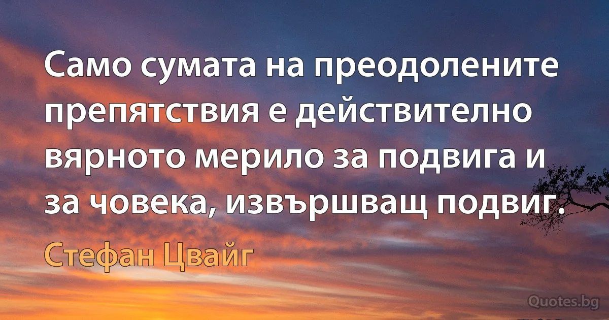 Само сумата на преодолените препятствия е действително вярното мерило за подвига и за човека, извършващ подвиг. (Стефан Цвайг)