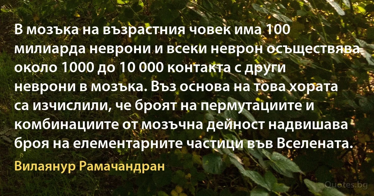 В мозъка на възрастния човек има 100 милиарда неврони и всеки неврон осъществява около 1000 до 10 000 контакта с други неврони в мозъка. Въз основа на това хората са изчислили, че броят на пермутациите и комбинациите от мозъчна дейност надвишава броя на елементарните частици във Вселената. (Вилаянур Рамачандран)