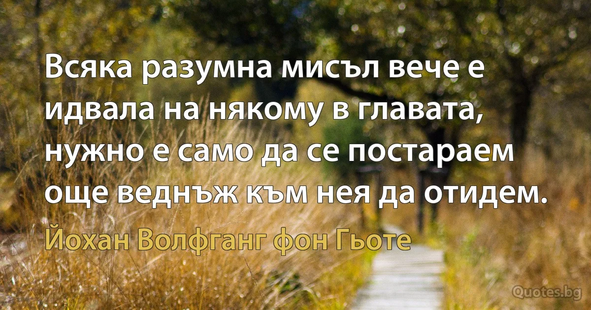 Всяка разумна мисъл вече е идвала на някому в главата, нужно е само да се постараем още веднъж към нея да отидем. (Йохан Волфганг фон Гьоте)