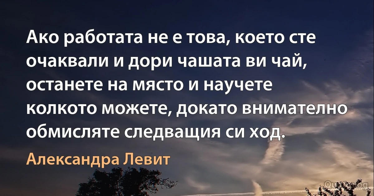 Ако работата не е това, което сте очаквали и дори чашата ви чай, останете на място и научете колкото можете, докато внимателно обмисляте следващия си ход. (Александра Левит)