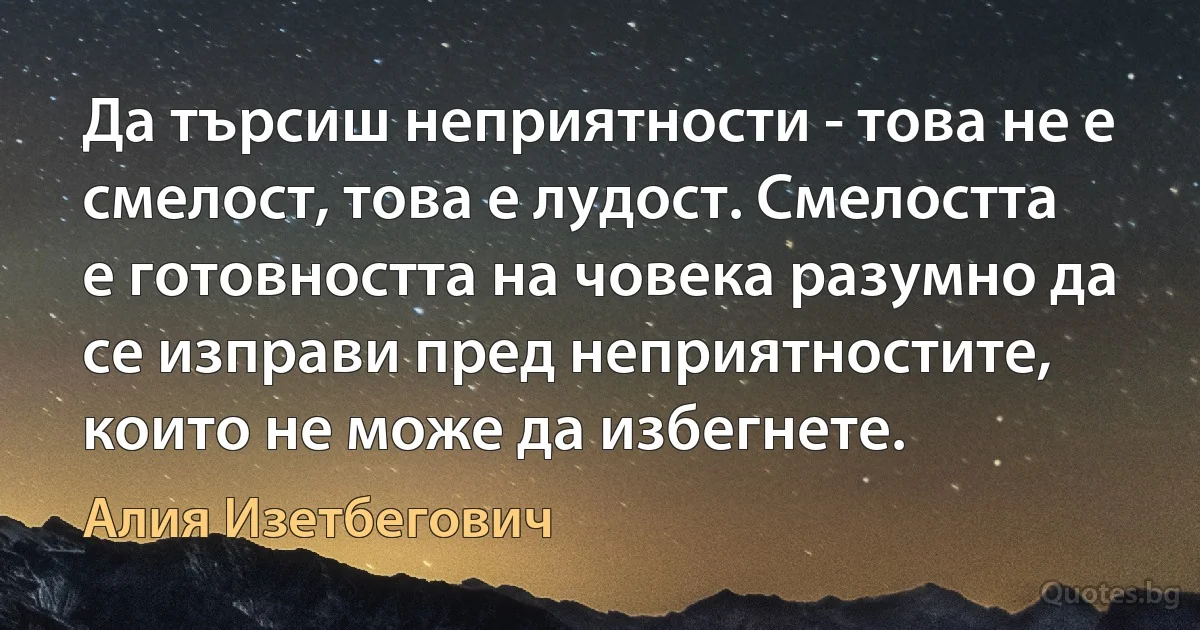 Да търсиш неприятности - това не е смелост, това е лудост. Смелостта е готовността на човека разумно да се изправи пред неприятностите, които не може да избегнете. (Алия Изетбегович)