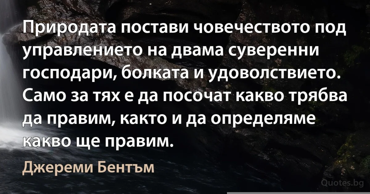 Природата постави човечеството под управлението на двама суверенни господари, болката и удоволствието. Само за тях е да посочат какво трябва да правим, както и да определяме какво ще правим. (Джереми Бентъм)