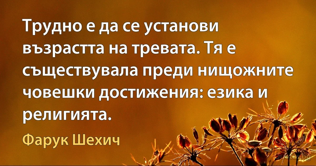 Трудно е да се установи възрастта на тревата. Тя е съществувала преди нищожните човешки достижения: езика и религията. (Фарук Шехич)