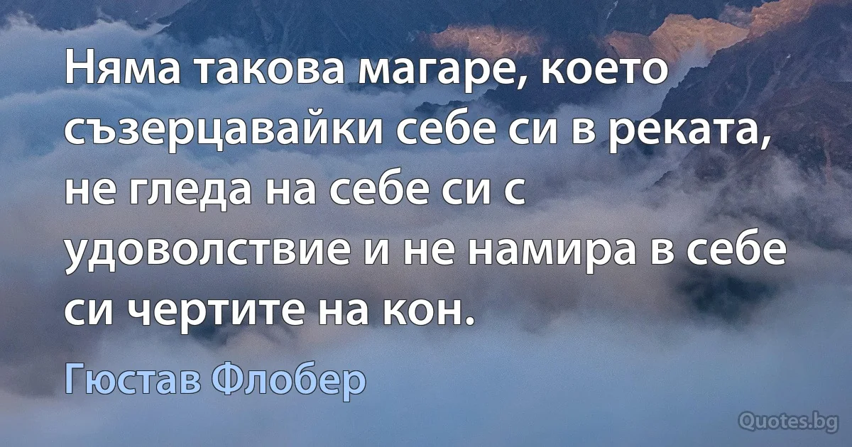 Няма такова магаре, което съзерцавайки себе си в реката, не гледа на себе си с удоволствие и не намира в себе си чертите на кон. (Гюстав Флобер)