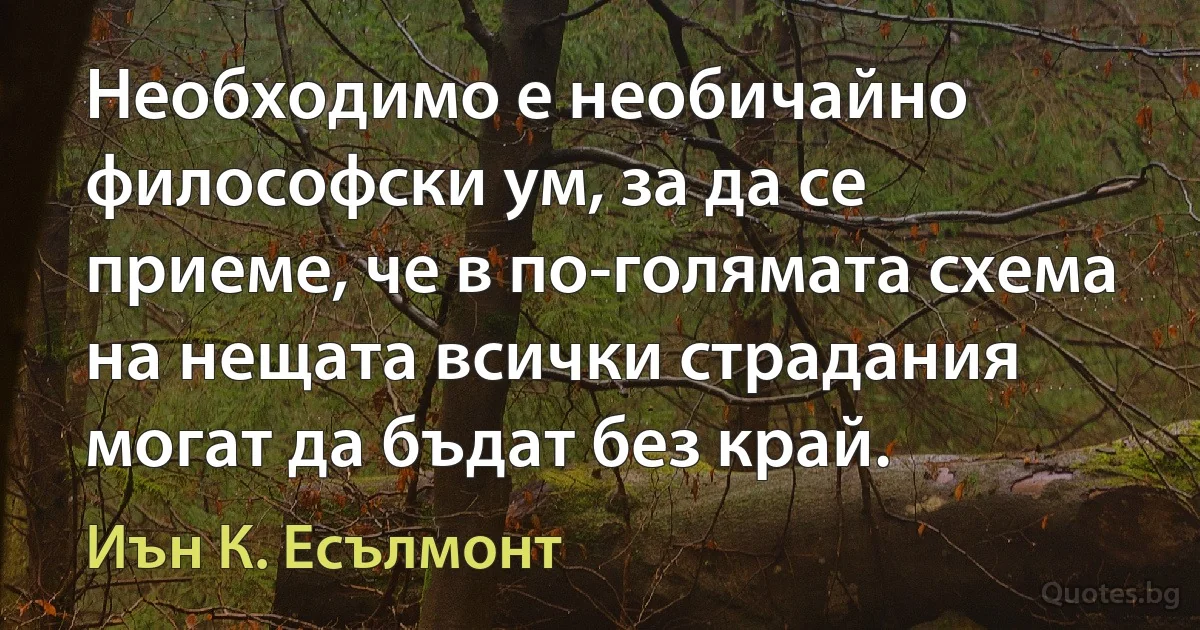 Необходимо е необичайно философски ум, за да се приеме, че в по-голямата схема на нещата всички страдания могат да бъдат без край. (Иън К. Есълмонт)