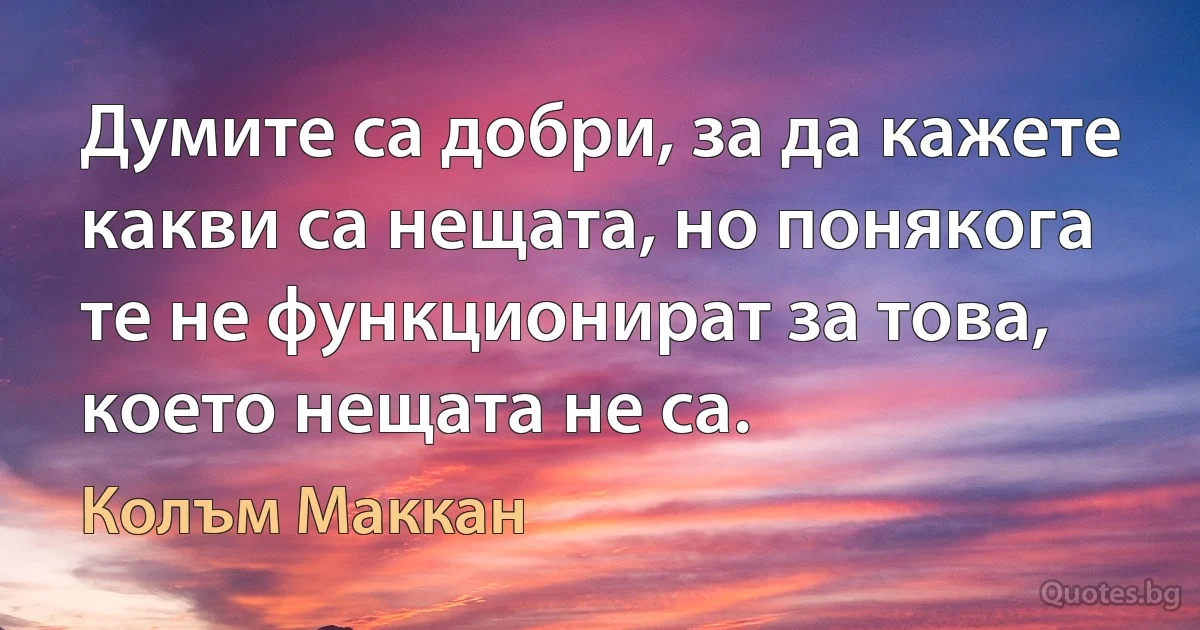 Думите са добри, за да кажете какви са нещата, но понякога те не функционират за това, което нещата не са. (Колъм Маккан)