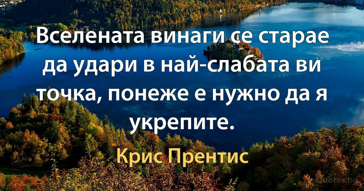 Вселената винаги се старае да удари в най-слабата ви точка, понеже е нужно да я укрепите. (Крис Прентис)