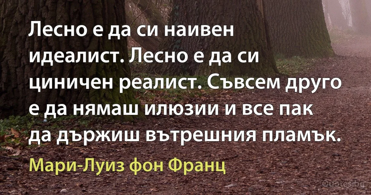 Лесно е да си наивен идеалист. Лесно е да си циничен реалист. Съвсем друго е да нямаш илюзии и все пак да държиш вътрешния пламък. (Мари-Луиз фон Франц)