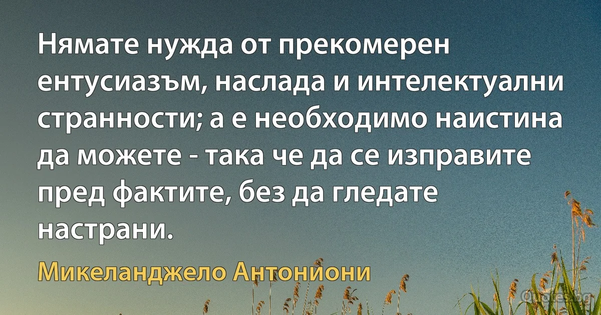 Нямате нужда от прекомерен ентусиазъм, наслада и интелектуални странности; а е необходимо наистина да можете - така че да се изправите пред фактите, без да гледате настрани. (Микеланджело Антониони)