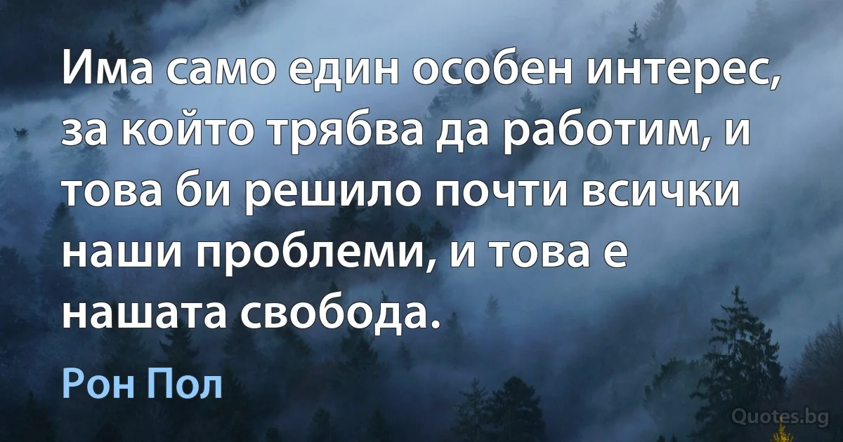 Има само един особен интерес, за който трябва да работим, и това би решило почти всички наши проблеми, и това е нашата свобода. (Рон Пол)