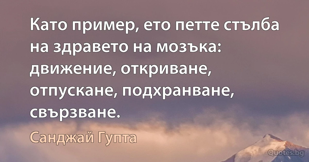 Като пример, ето петте стълба на здравето на мозъка: движение, откриване, отпускане, подхранване, свързване. (Санджай Гупта)