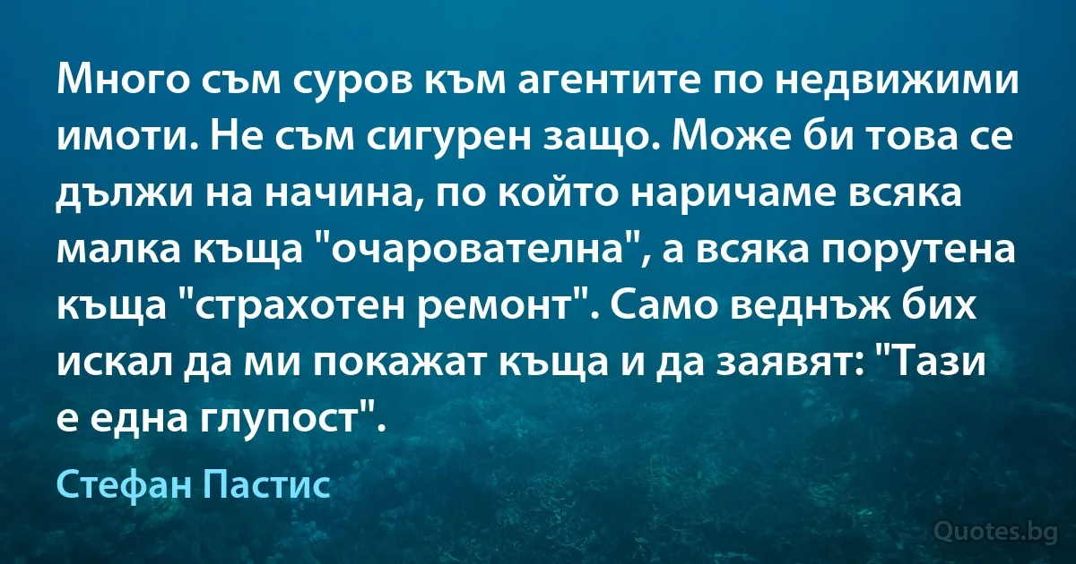 Много съм суров към агентите по недвижими имоти. Не съм сигурен защо. Може би това се дължи на начина, по който наричаме всяка малка къща "очарователна", а всяка порутена къща "страхотен ремонт". Само веднъж бих искал да ми покажат къща и да заявят: "Тази е една глупост". (Стефан Пастис)