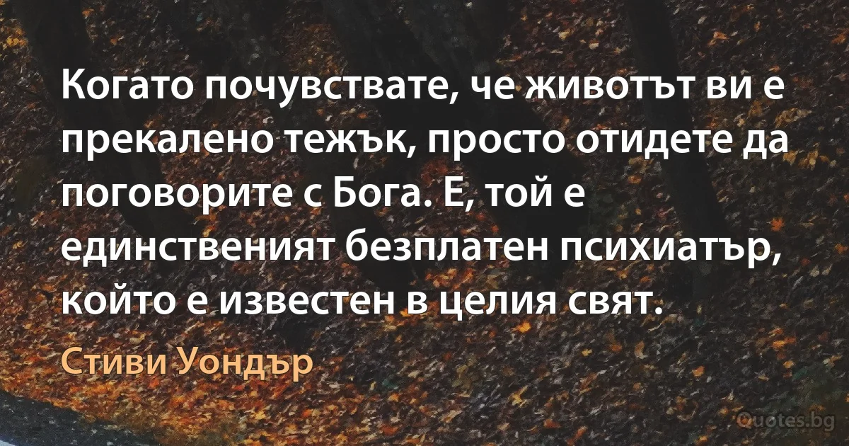 Когато почувствате, че животът ви е прекалено тежък, просто отидете да поговорите с Бога. Е, той е единственият безплатен психиатър, който е известен в целия свят. (Стиви Уондър)