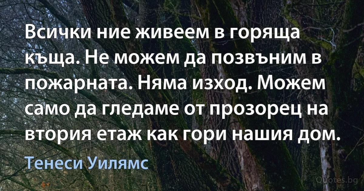 Всички ние живеем в горяща къща. Не можем да позвъним в пожарната. Няма изход. Можем само да гледаме от прозорец на втория етаж как гори нашия дом. (Тенеси Уилямс)