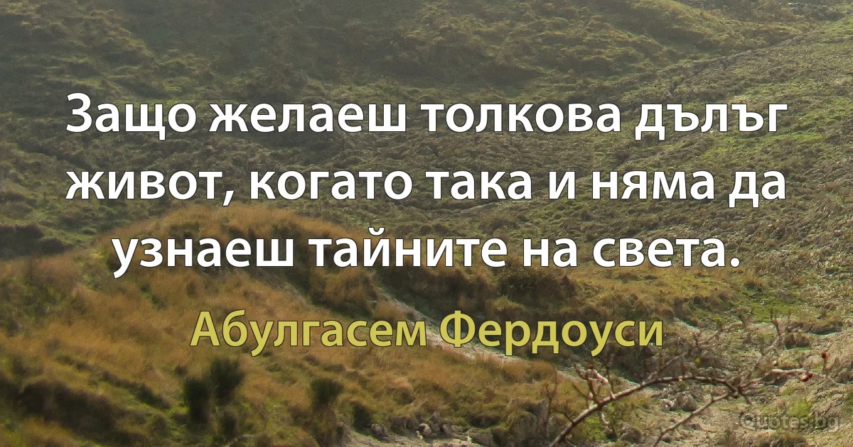 Защо желаеш толкова дълъг живот, когато така и няма да узнаеш тайните на света. (Абулгасем Фердоуси)