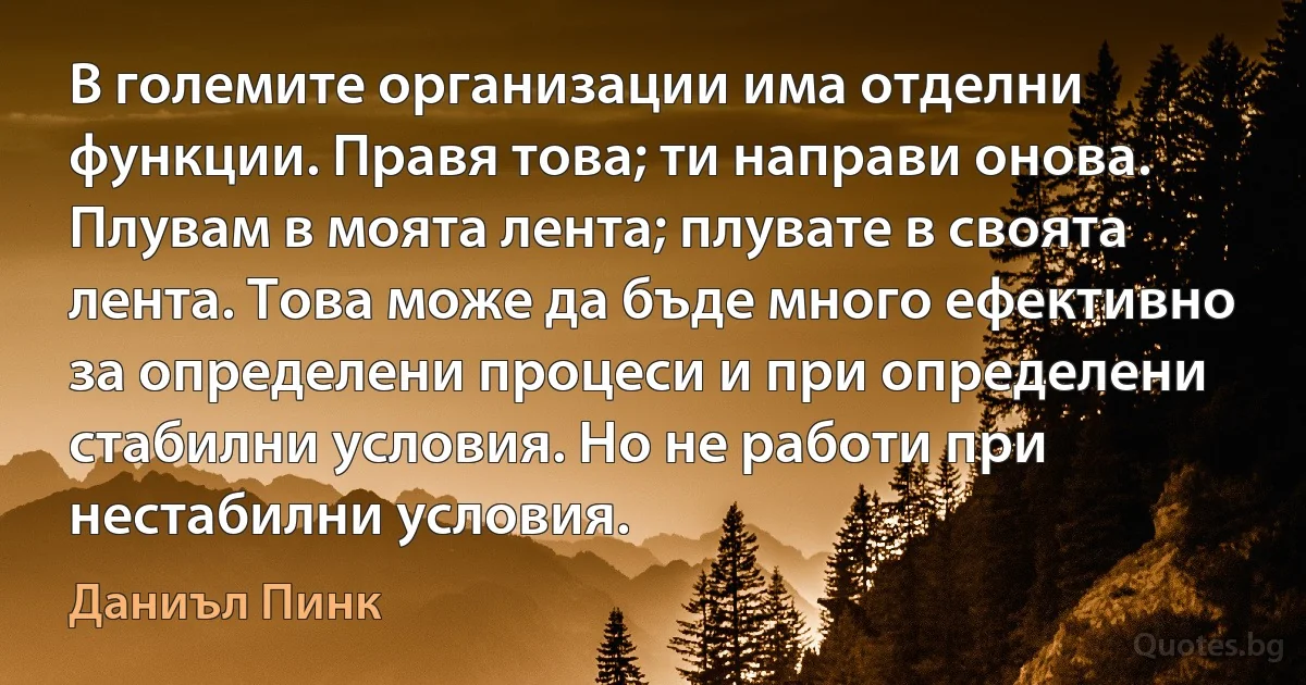 В големите организации има отделни функции. Правя това; ти направи онова. Плувам в моята лента; плувате в своята лента. Това може да бъде много ефективно за определени процеси и при определени стабилни условия. Но не работи при нестабилни условия. (Даниъл Пинк)