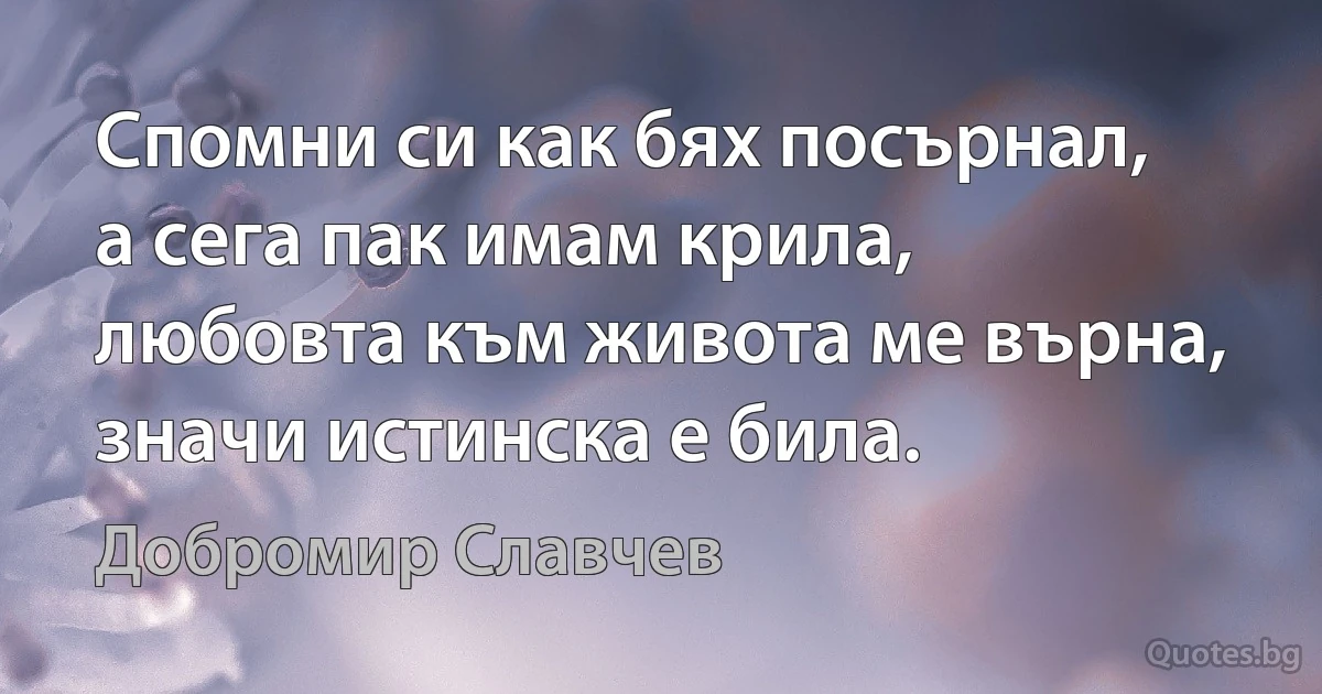 Спомни си как бях посърнал,
а сега пак имам крила,
любовта към живота ме върна,
значи истинска е била. (Добромир Славчев)