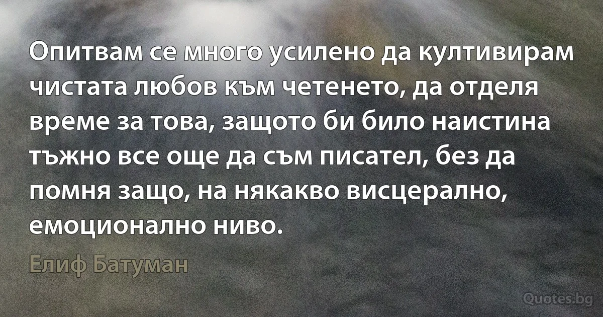 Опитвам се много усилено да култивирам чистата любов към четенето, да отделя време за това, защото би било наистина тъжно все още да съм писател, без да помня защо, на някакво висцерално, емоционално ниво. (Елиф Батуман)