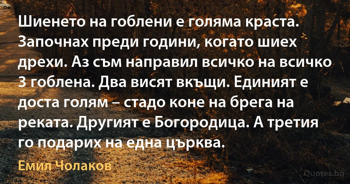 Шиенето на гоблени е голяма краста. Започнах преди години, когато шиех дрехи. Аз съм направил всичко на всичко 3 гоблена. Два висят вкъщи. Единият е доста голям – стадо коне на брега на реката. Другият е Богородица. А третия го подарих на една църква. (Емил Чолаков)