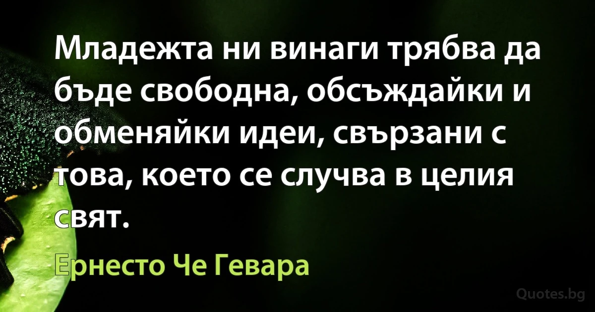 Младежта ни винаги трябва да бъде свободна, обсъждайки и обменяйки идеи, свързани с това, което се случва в целия свят. (Ернесто Че Гевара)