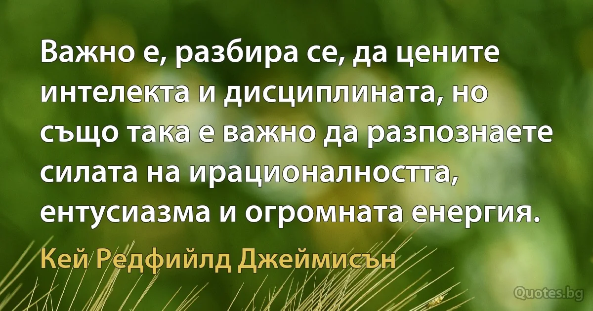 Важно е, разбира се, да цените интелекта и дисциплината, но също така е важно да разпознаете силата на ирационалността, ентусиазма и огромната енергия. (Кей Редфийлд Джеймисън)