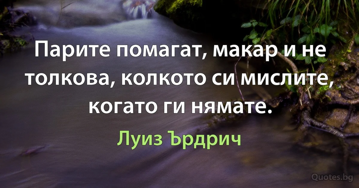 Парите помагат, макар и не толкова, колкото си мислите, когато ги нямате. (Луиз Ърдрич)