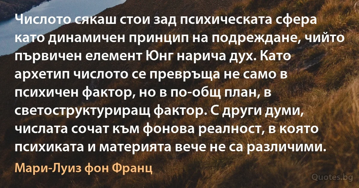 Числото сякаш стои зад психическата сфера като динамичен принцип на подреждане, чийто първичен елемент Юнг нарича дух. Като архетип числото се превръща не само в психичен фактор, но в по-общ план, в светоструктуриращ фактор. С други думи, числата сочат към фонова реалност, в която психиката и материята вече не са различими. (Мари-Луиз фон Франц)