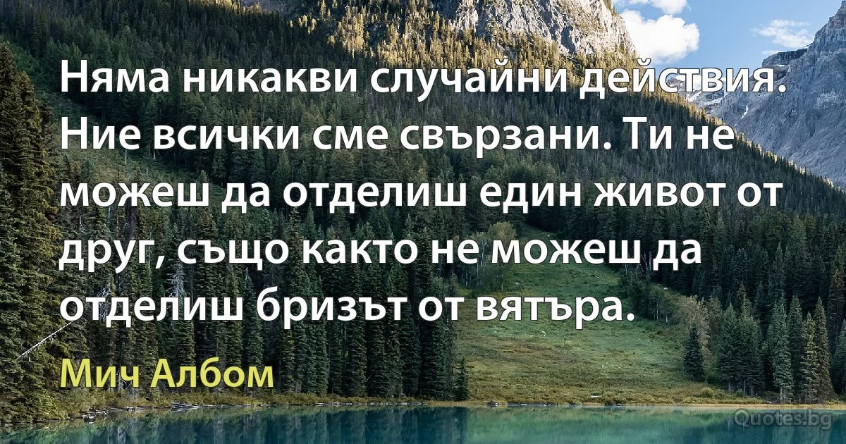 Няма никакви случайни действия. Ние всички сме свързани. Ти не можеш да отделиш един живот от друг, също както не можеш да отделиш бризът от вятъра. (Мич Албом)