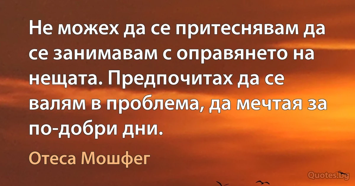 Не можех да се притеснявам да се занимавам с оправянето на нещата. Предпочитах да се валям в проблема, да мечтая за по-добри дни. (Отеса Мошфег)