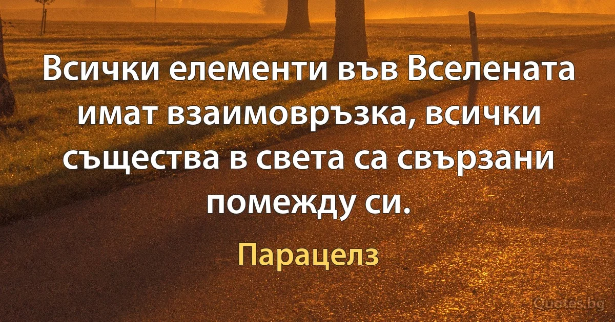 Всички елементи във Вселената имат взаимовръзка, всички същества в света са свързани помежду си. (Парацелз)