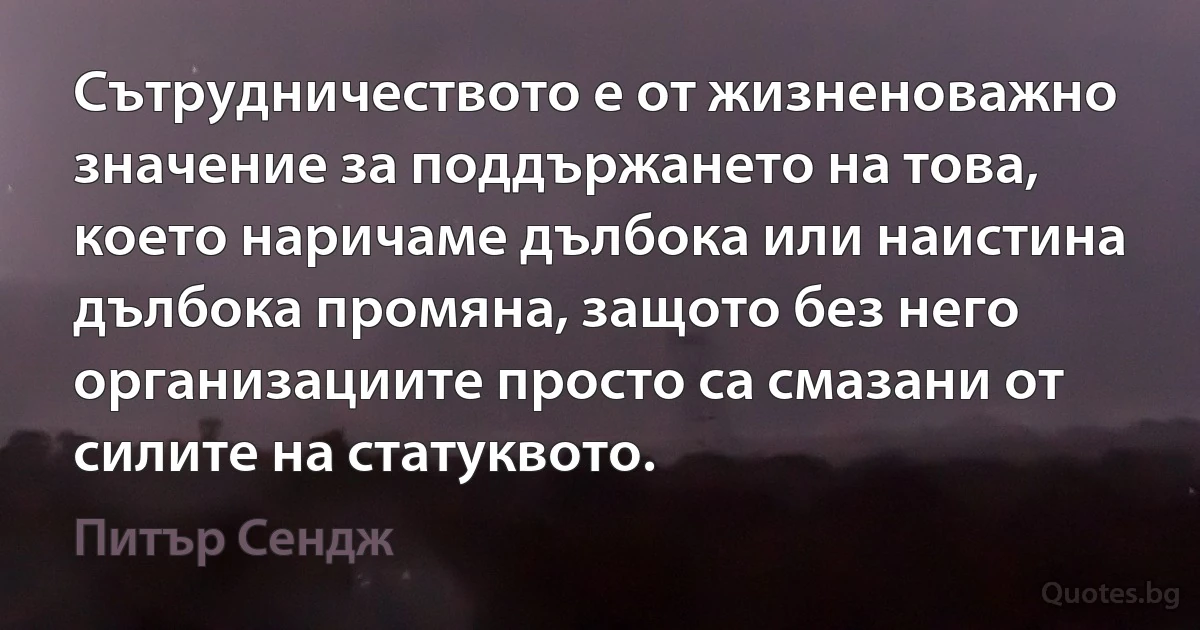 Сътрудничеството е от жизненоважно значение за поддържането на това, което наричаме дълбока или наистина дълбока промяна, защото без него организациите просто са смазани от силите на статуквото. (Питър Сендж)