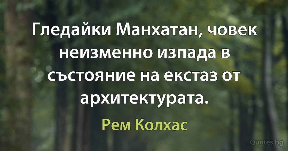 Гледайки Манхатан, човек неизменно изпада в състояние на екстаз от архитектурата. (Рем Колхас)