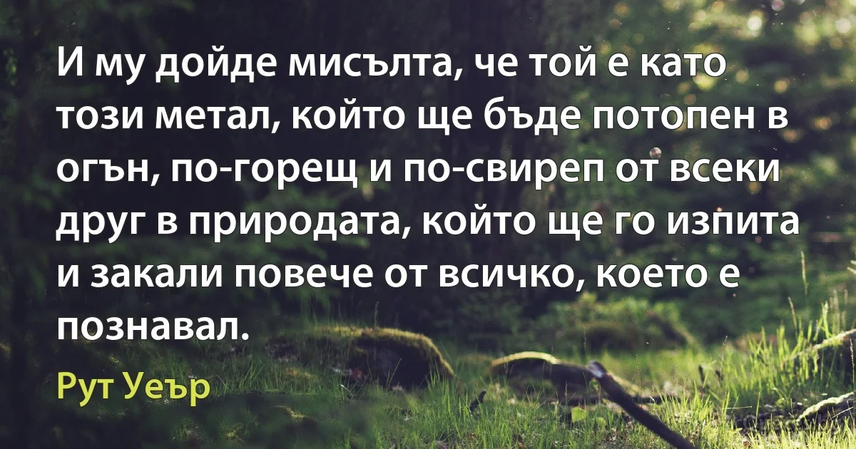 И му дойде мисълта, че той е като този метал, който ще бъде потопен в огън, по-горещ и по-свиреп от всеки друг в природата, който ще го изпита и закали повече от всичко, което е познавал. (Рут Уеър)