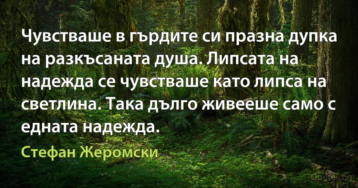 Чувстваше в гърдите си празна дупка на разкъсаната душа. Липсата на надежда се чувстваше като липса на светлина. Така дълго живееше само с едната надежда. (Стефан Жеромски)